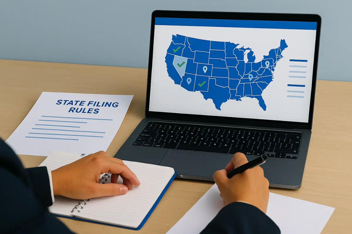 Business professional researching state filing rules and registered agent requirements across different states for DIY registered agent compliance.