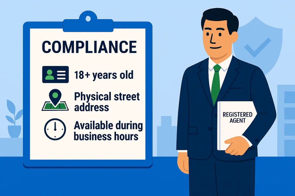 Registered agent compliance requirements checklist showing age residency and physical address criteria.
