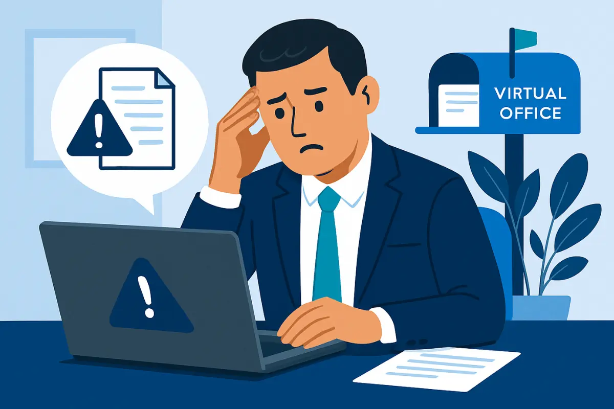 Legal risks of virtual office for LLC showing business owner concerned about virtual address compliance and missed legal documents