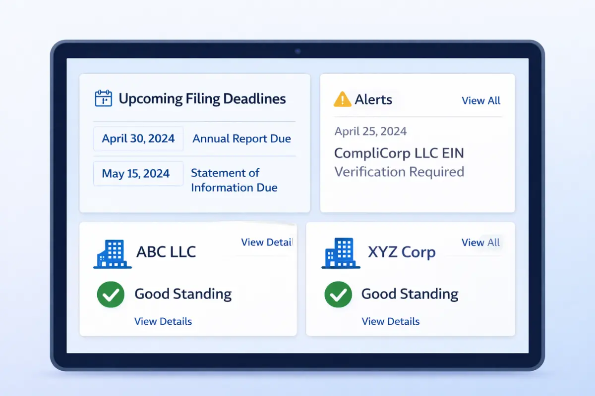 Business compliance monitoring dashboard showing LLC and corporation good standing status, upcoming annual report filing deadlines, and EIN verification alerts