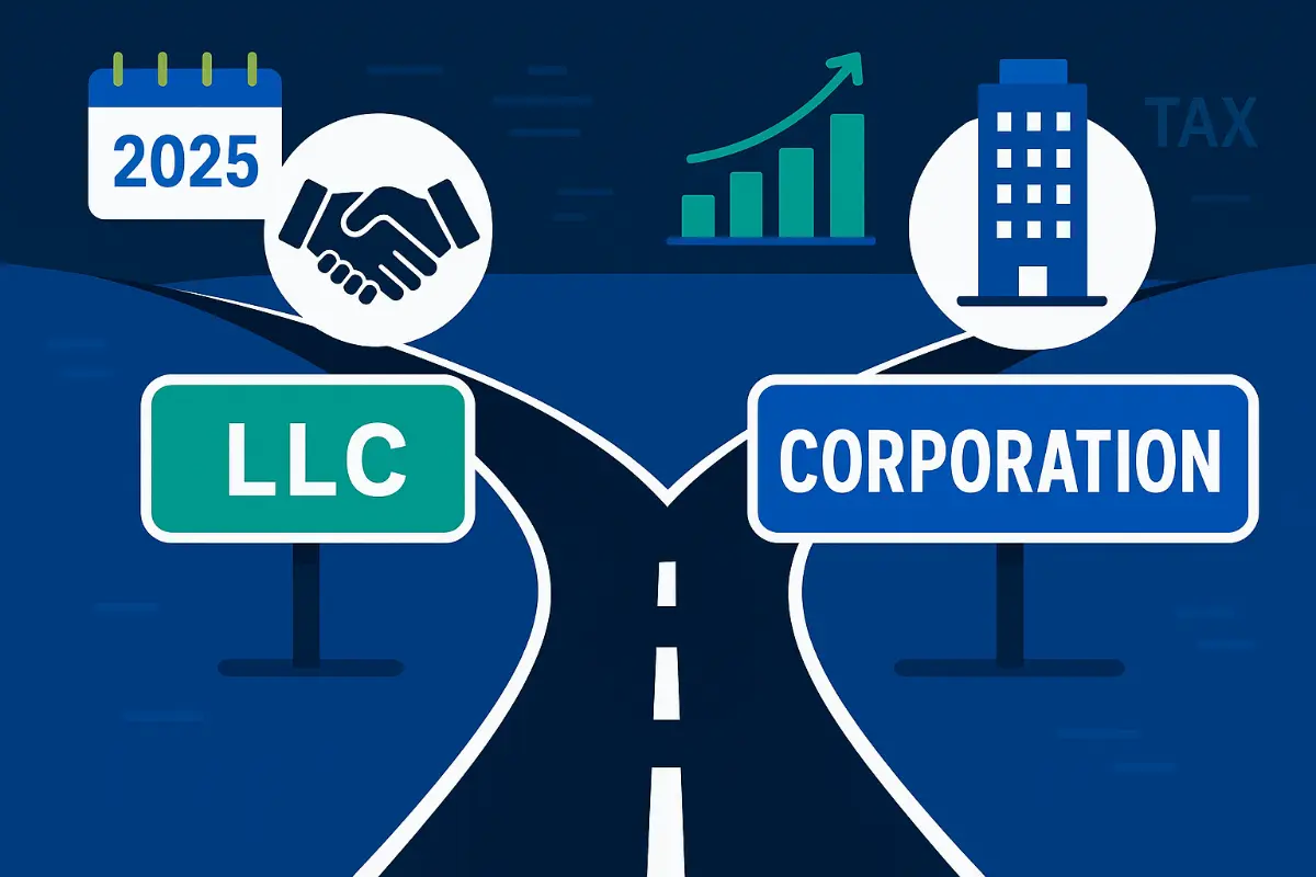 LLC and corporation business structure comparison showing growth opportunities tax considerations and partnership benefits for 2025 business formation decisions.