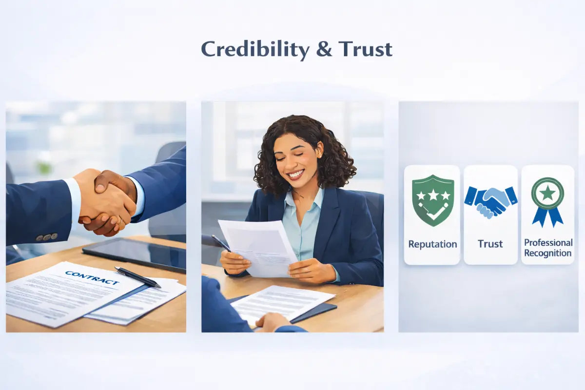LLC credibility and trust infographic showing how forming an LLC builds business reputation, customer trust, and professional recognition with partners and clients