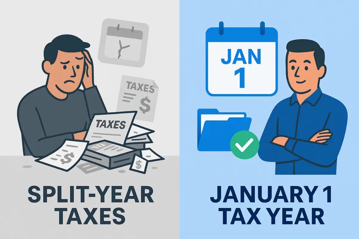 Split-year taxes LLC complexity versus January 1 tax year simplification with delayed effective date filing.