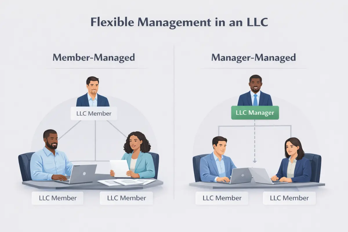 LLC flexible management structure diagram comparing member-managed vs manager-managed LLC options showing operating flexibility benefits for small business owners