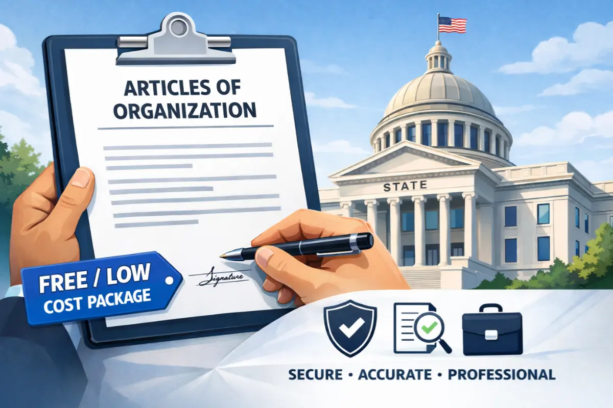 Signing LLC Articles of Organization at state building with affordable free low cost formation package highlighting secure accurate and professional filing service