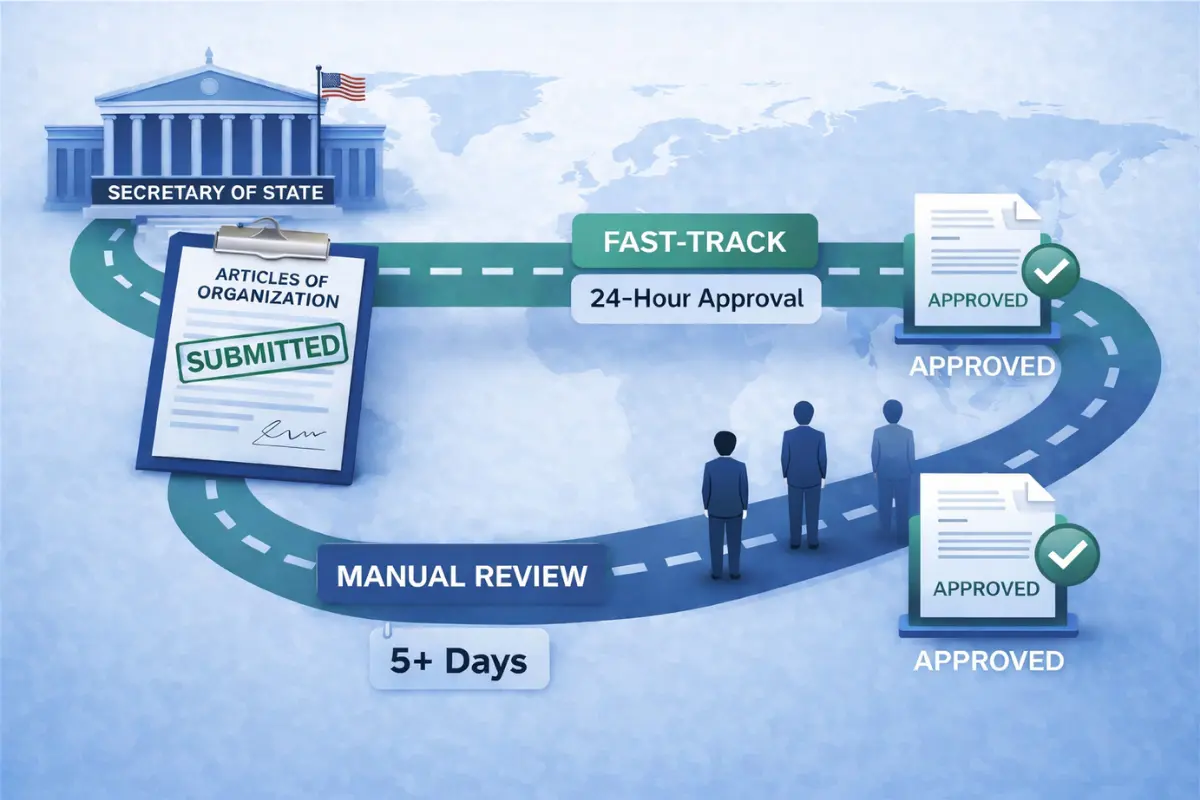 LLC formation timeline infographic showing two paths for articles of organization submitted to the Secretary of State: fast-track 24-hour approval for expedited filings versus manual review taking 5 or more days for standard state processing
