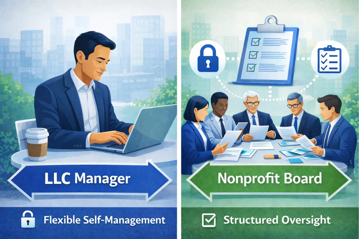 LLC manager flexible self-management versus nonprofit board structured oversight comparison for choosing between LLC and 501(c)(3) organization formation