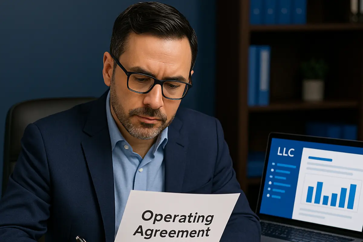Business owner reviewing an LLC operating agreement document at a desk with a laptop displaying LLC dashboard.
