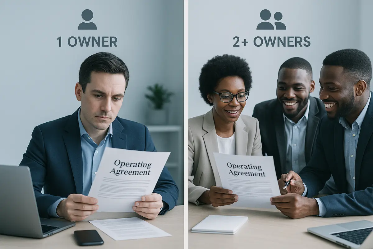 Split-screen comparison of a solo business owner and a team reviewing an LLC operating agreement, highlighting the differences between single-member and multi-member LLCs.