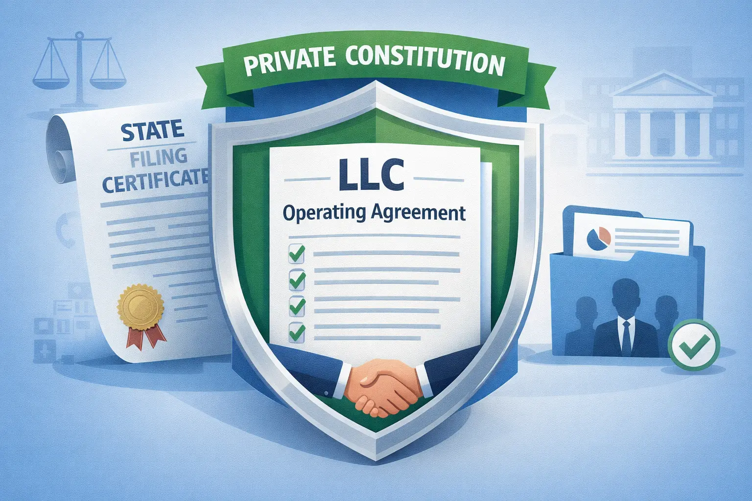 LLC operating agreement as a private constitution illustrated with a governance shield, state filing certificate, and member documentation showing how the agreement protects LLC member rights and defines the LLC management structure
