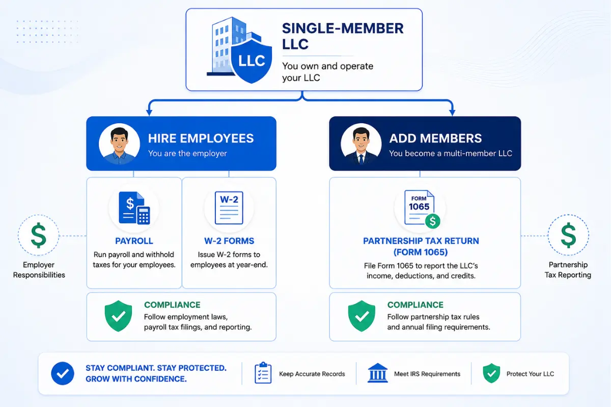 Single-member LLC scaling flowchart showing options to hire employees with payroll and W-2 compliance or add members to convert to a multi-member LLC with Form 1065 partnership tax reporting