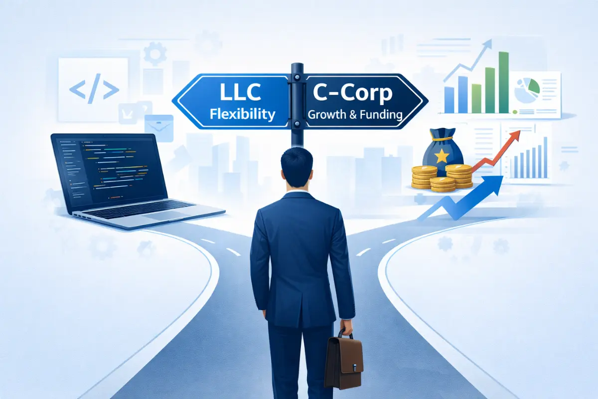 Tech startup founder choosing between LLC flexibility and C-Corp growth and funding structure at a crossroads for incorporation decision
