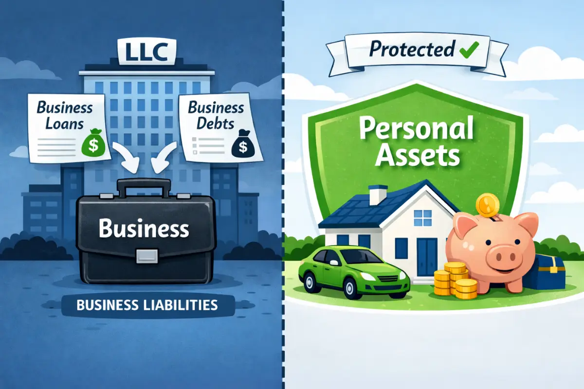 LLC personal asset protection diagram showing business loans and debts contained within the LLC while home, car, and savings remain shielded from business liabilities