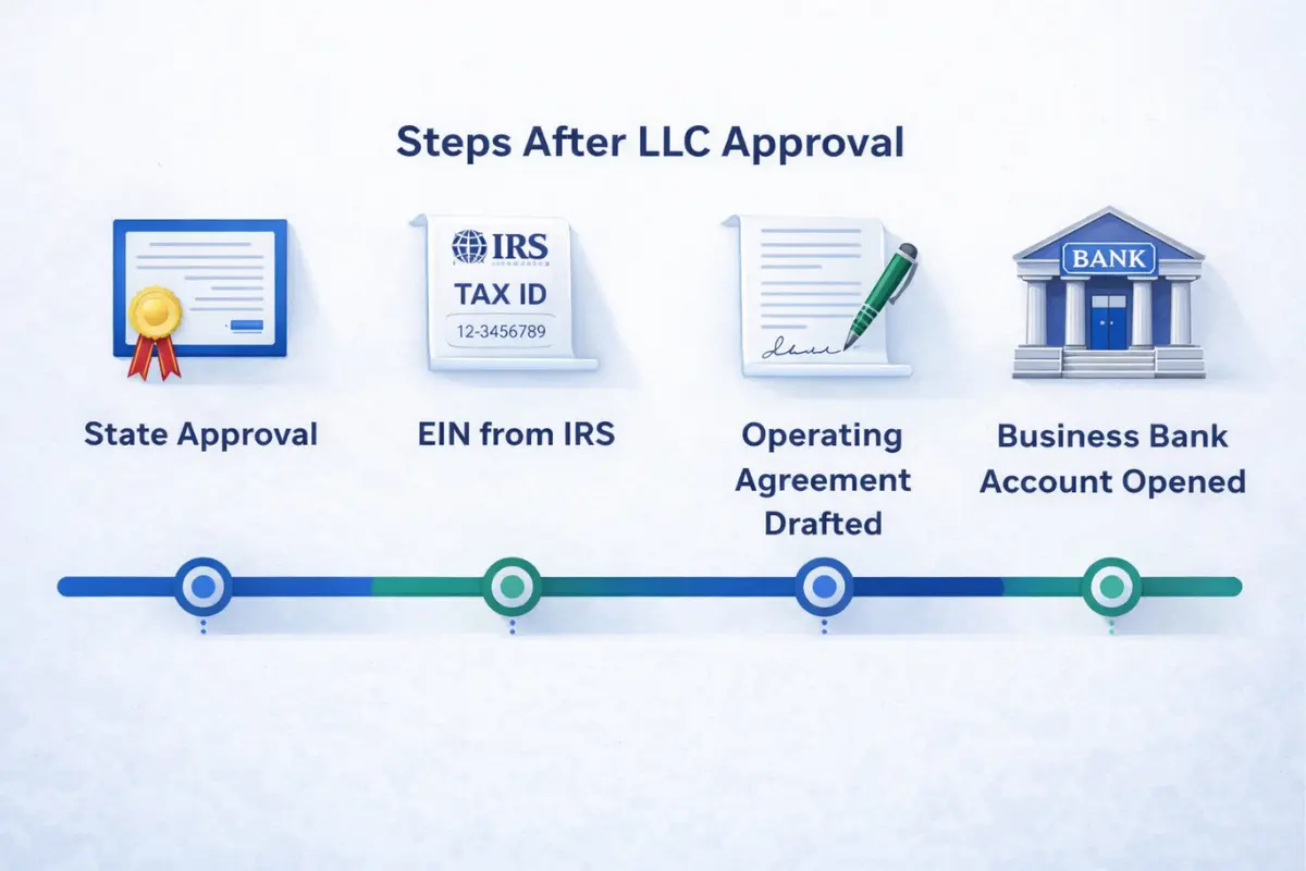 Timeline infographic showing the four steps after LLC approval including state approval, obtaining an EIN from the IRS, drafting an operating agreement, and opening a business bank account to become fully operational