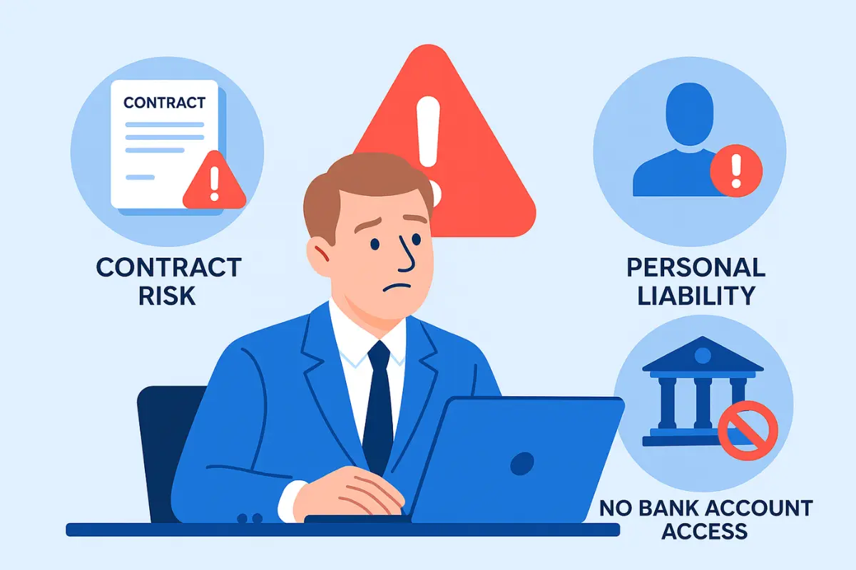 LLC pre-formation gap risks showing contract liability, personal exposure and no bank account access before effective date.