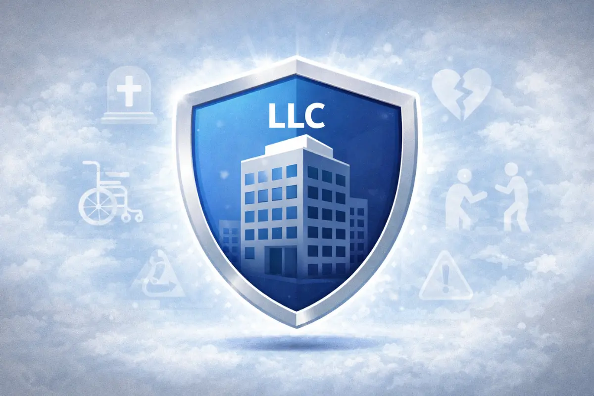 LLC succession planning shield protecting a business against the five D life risks including death, disability, divorce, disagreement, and distress to ensure business continuity and preserve business assets