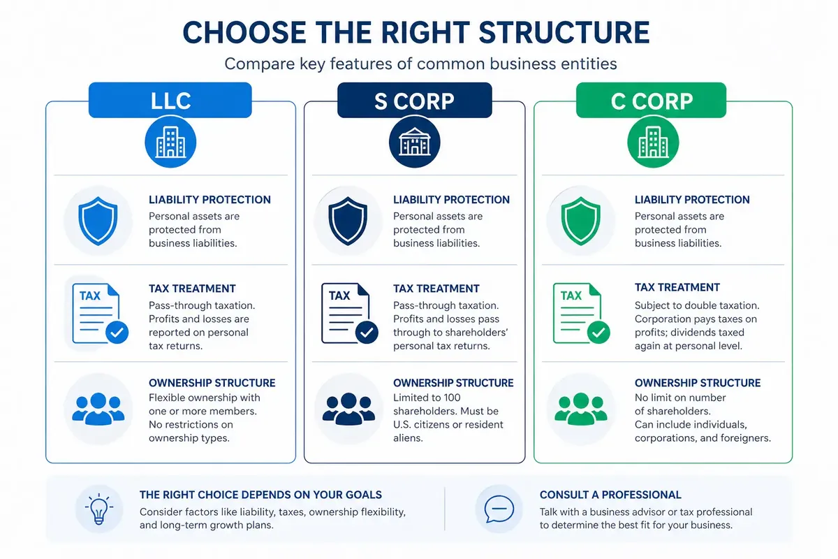 LLC vs S Corp vs C Corp comparison for choosing a startup business structure