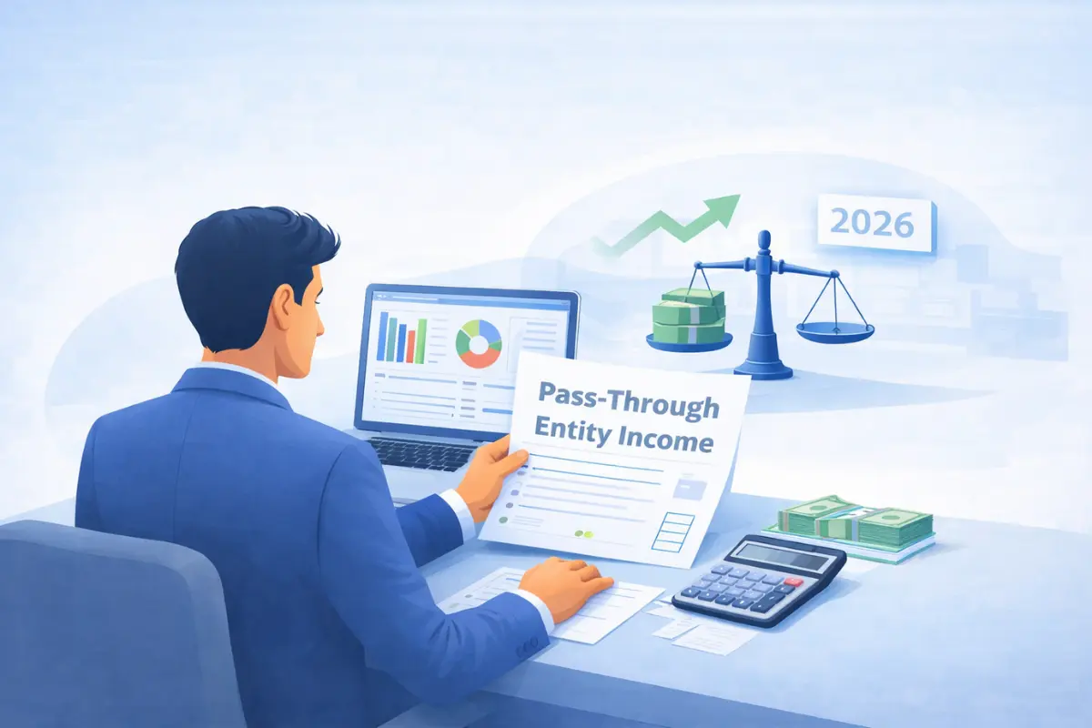 Business owner reviewing pass-through entity income documentation and 2026 LLC tax deduction strategies including QBI deduction and bonus depreciation to reduce taxable income and maximize tax breaks for LLC owners