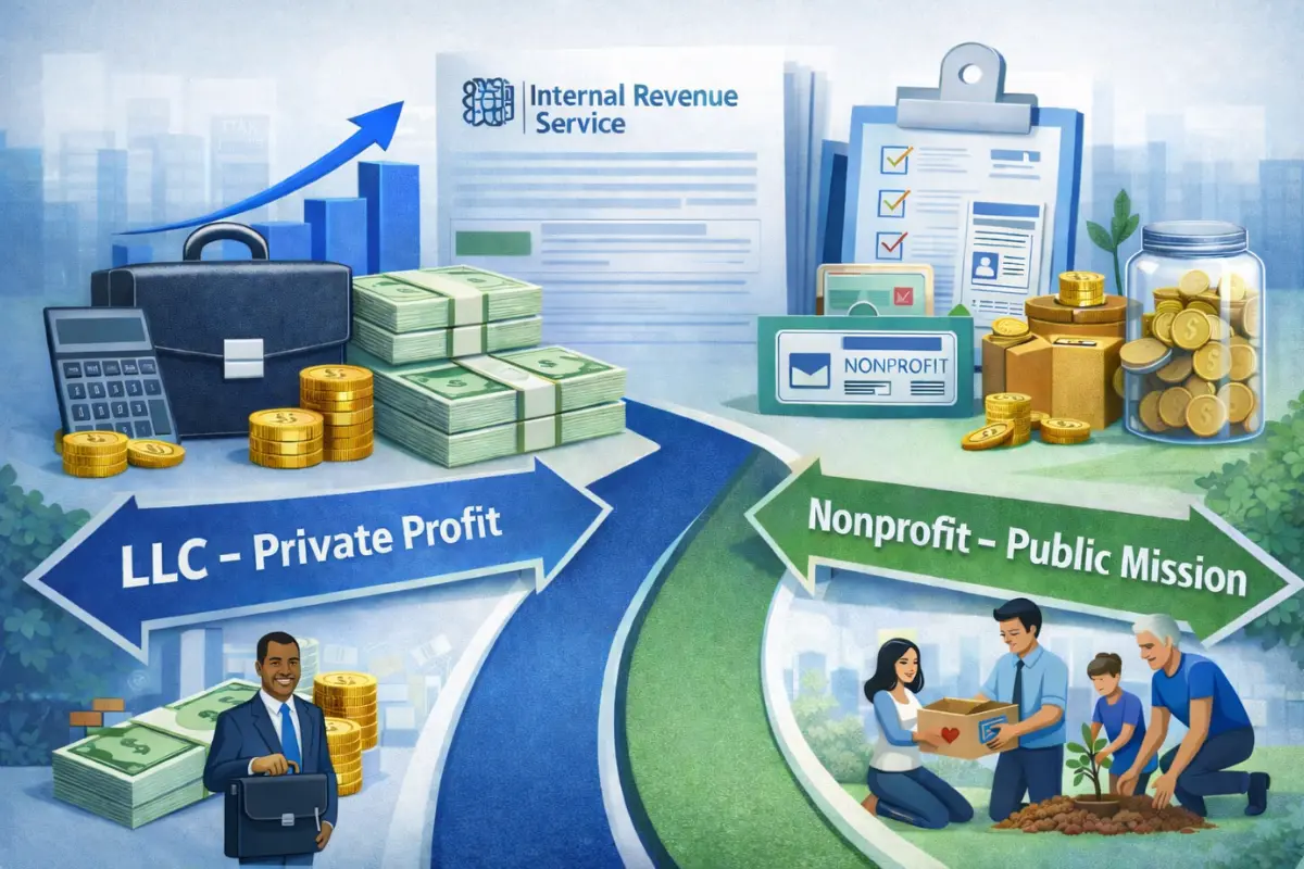 LLC private profit versus nonprofit public mission comparison infographic showing IRS tax-exempt organization requirements and business structure differences
