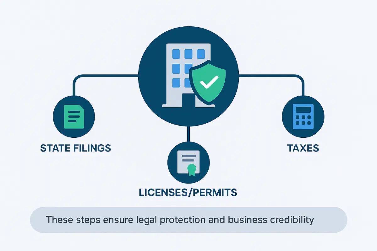 Business compliance automation system showing state filings, taxes and licenses required to maintain good standing.