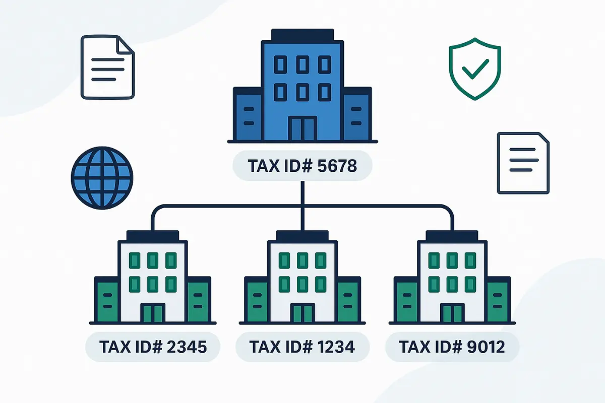 Parent company organizational chart showing tax ID structure for maintaining legal identity across multiple entities.