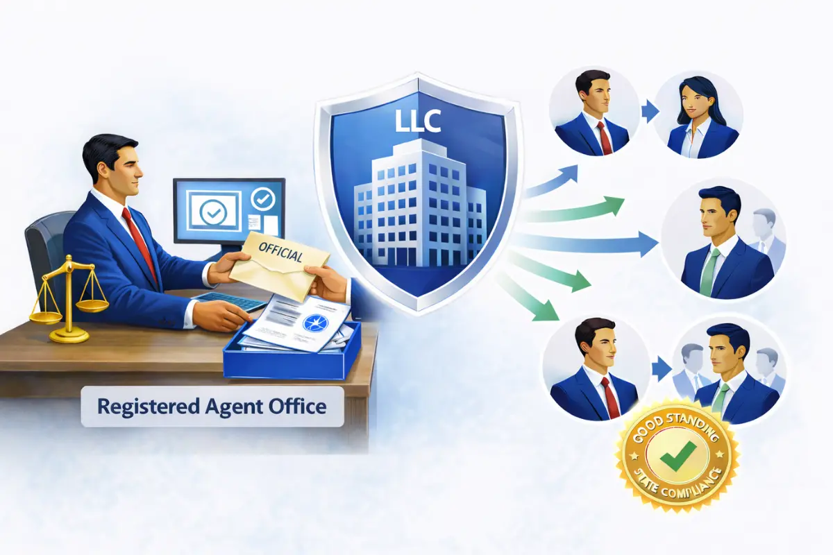 Illustration showing a registered agent office maintaining LLC successor compliance and state good standing during ownership transfer as part of business succession planning and LLC continuity