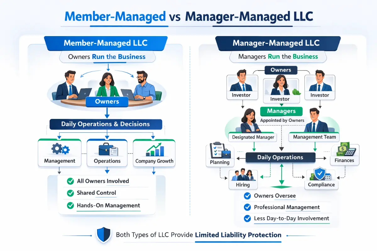 Infographic comparing member-managed vs manager-managed LLC management types showing owner roles, daily operations, and limited liability protection for both structures
