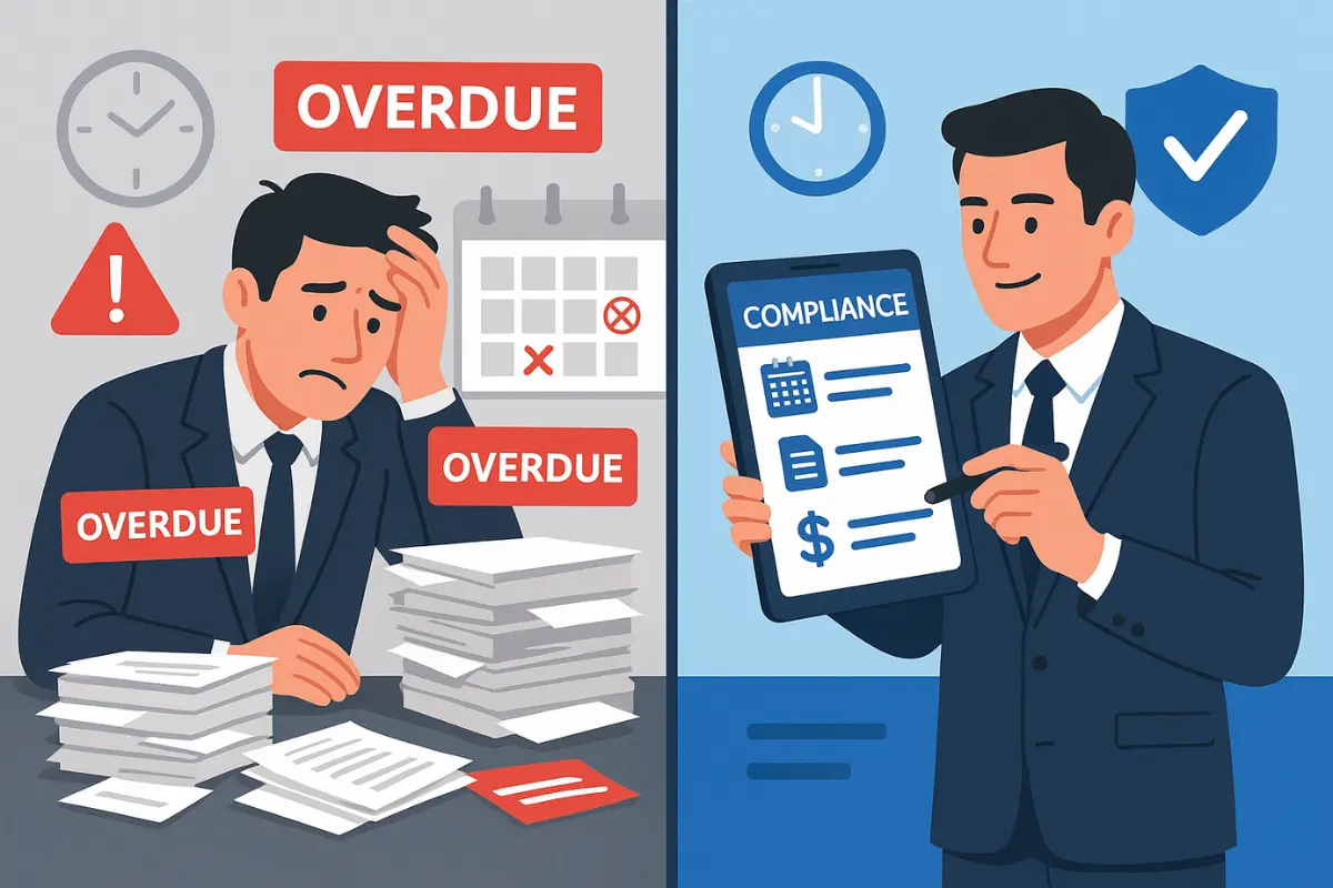 Comparison of missed compliance deadlines versus organized annual compliance management preventing penalties and fines