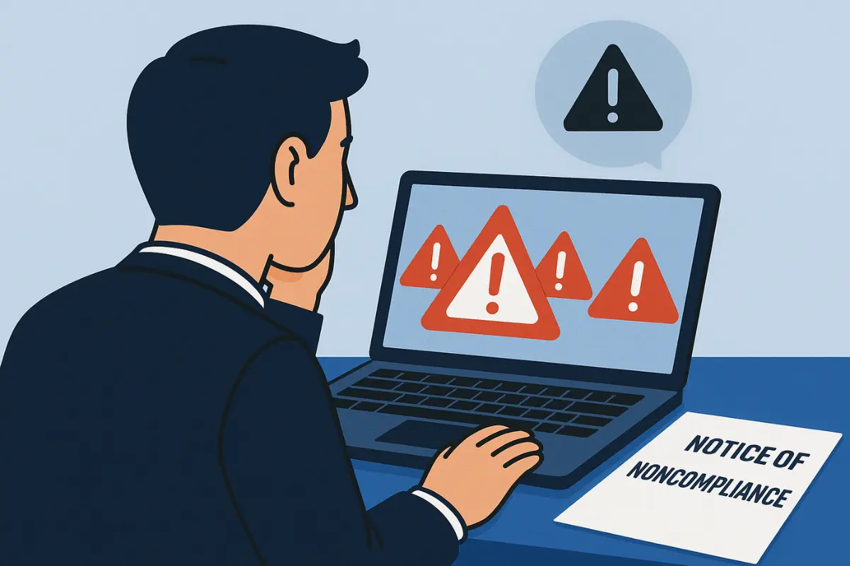 Business owner receiving noncompliance notice showing mistakes that cause loss of good standing and legal standing issues