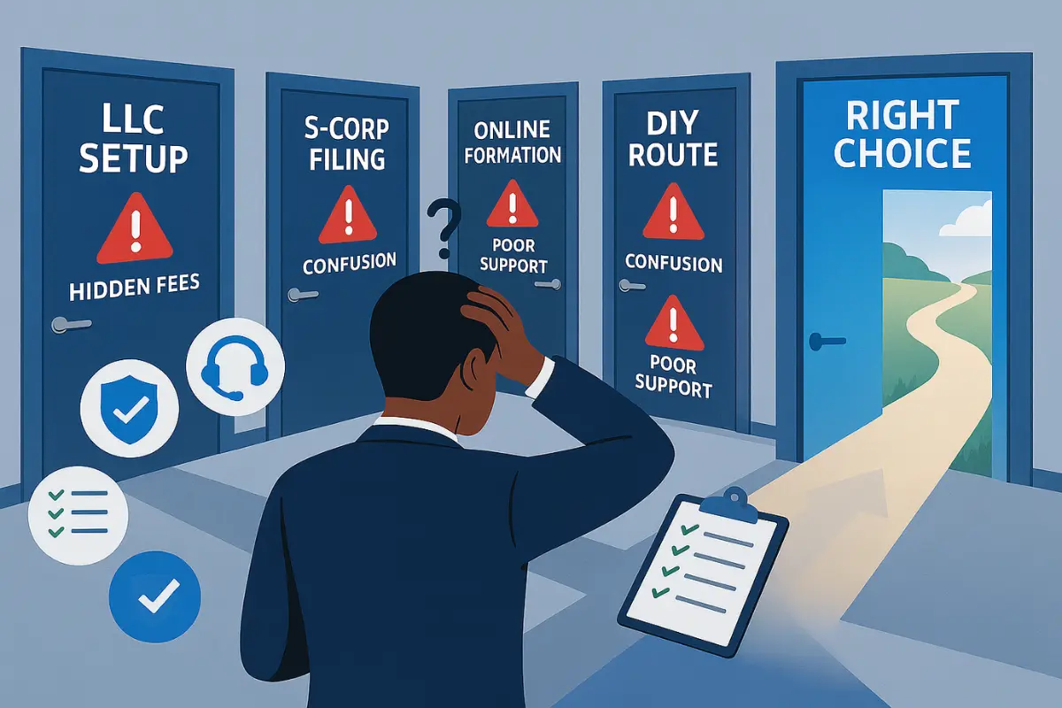 Entrepreneur choosing between different business formation service options including LLC setup, S-Corp filing, online formation, and DIY route with checklist