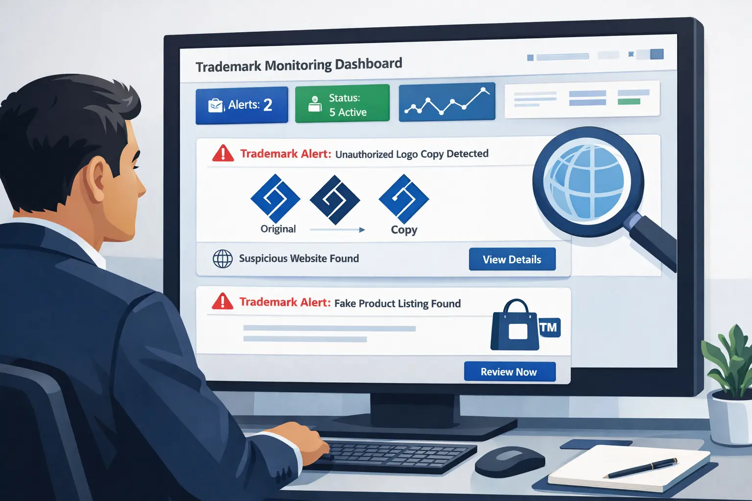 Trademark monitoring dashboard showing unauthorized logo copy alert, suspicious website detection, and fake product listing found requiring trademark enforcement action