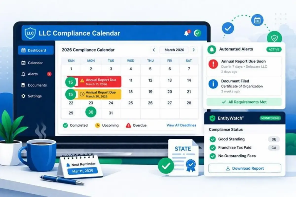 LLC compliance calendar dashboard showing automated alerts for annual report deadlines, EntityWatch monitoring for good standing status, franchise tax payments, and outstanding fees to help LLC formation companies keep businesses compliant in 2026