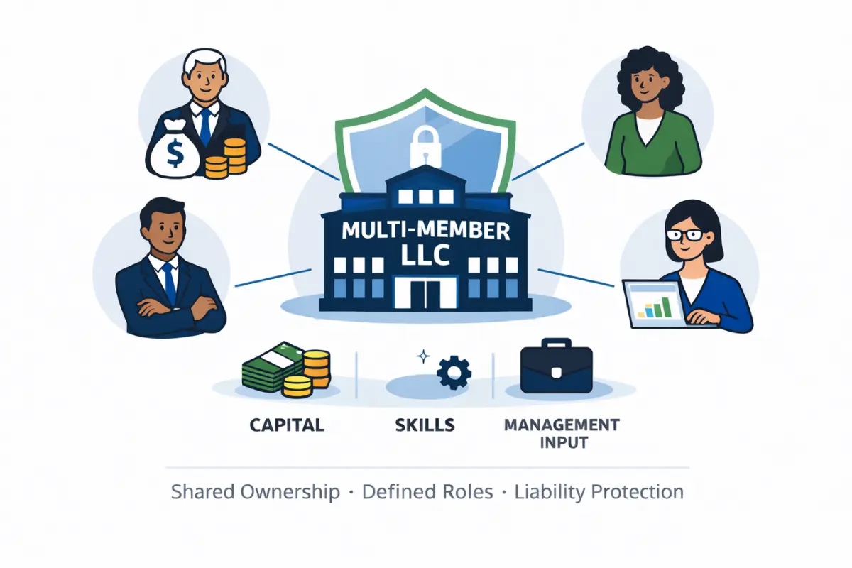 Multi-member LLC ownership structure with defined roles and liability protection