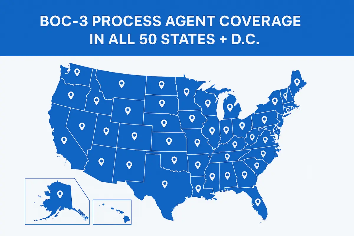 BOC-3 process agent blanket coverage map showing nationwide compliance for federal motor carrier authority in all 50 states