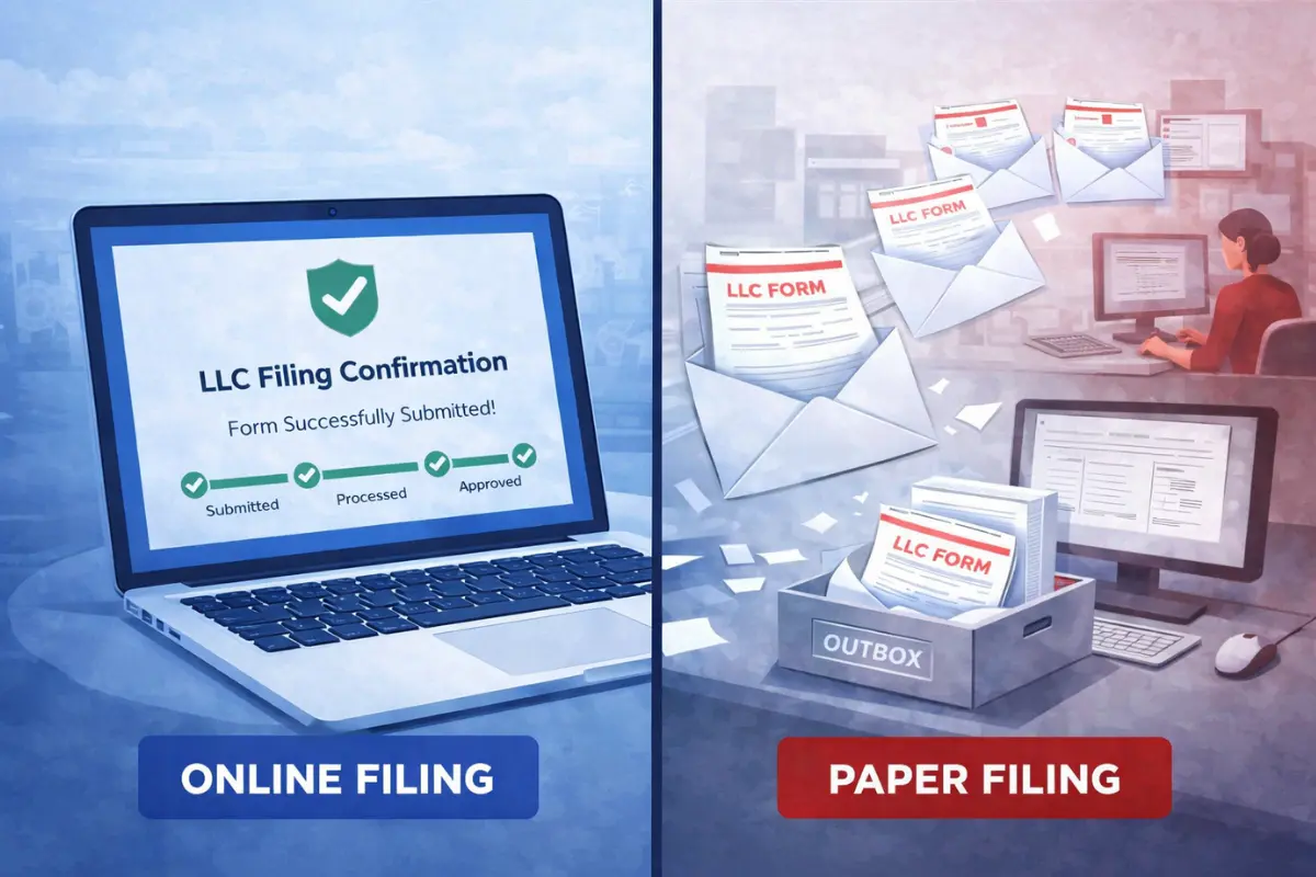 Comparison of online versus paper LLC filing methods showing online filing confirmation with instant submission, processed, and approved status versus slow paper filing with mail delays and manual review that extends the time to register an LLC