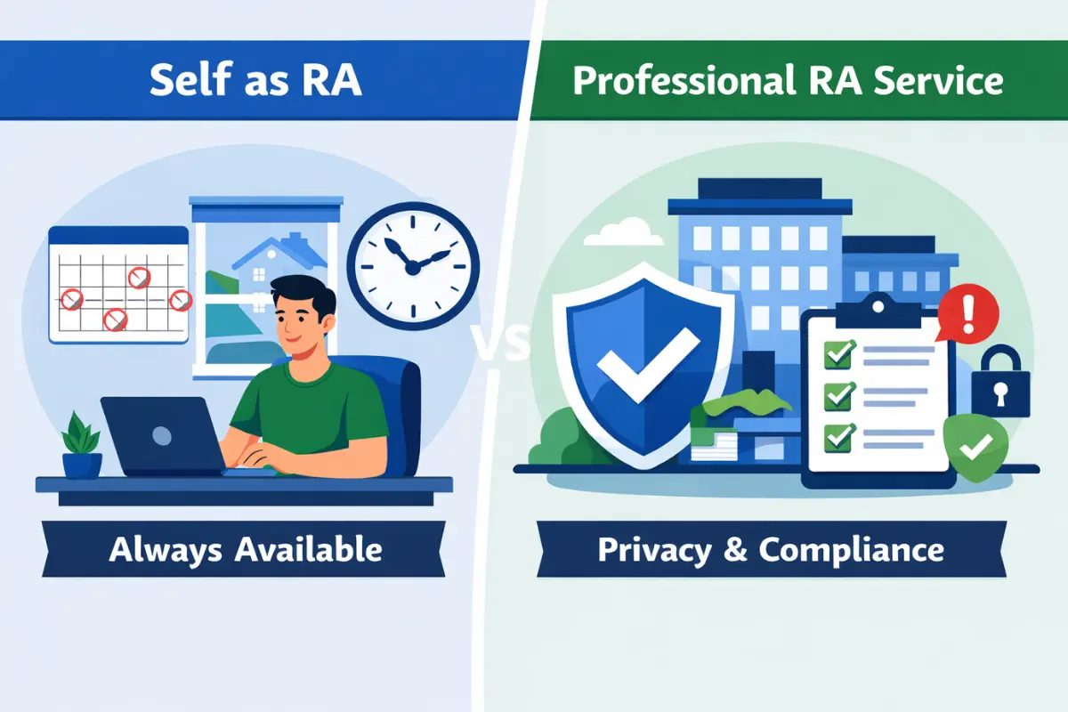 Difference between individual and commercial registered agent showing self as RA versus professional RA service with privacy and compliance benefits.