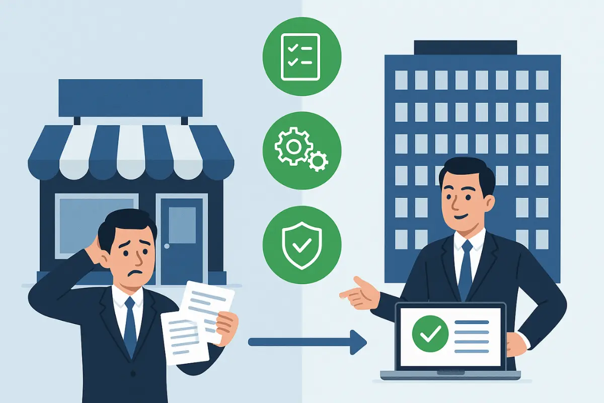 Small business outgrowing formation provider transitioning to enterprise entity management solutions and compliance support.