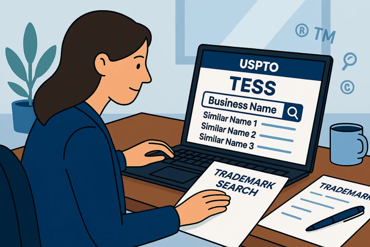 Business owner using USPTO TESS trademark search system to check business name trademark availability and federal registration conflicts.