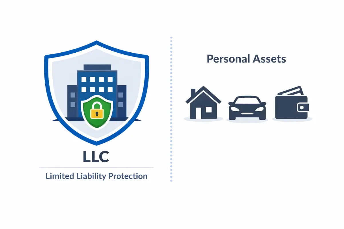LLC limited liability protection shield separating business entity from personal assets including home, car, and savings to prevent personal financial loss