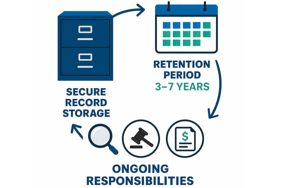 Business record retention requirements during closure showing secure storage retention periods and ongoing legal responsibilities for closed business documents.