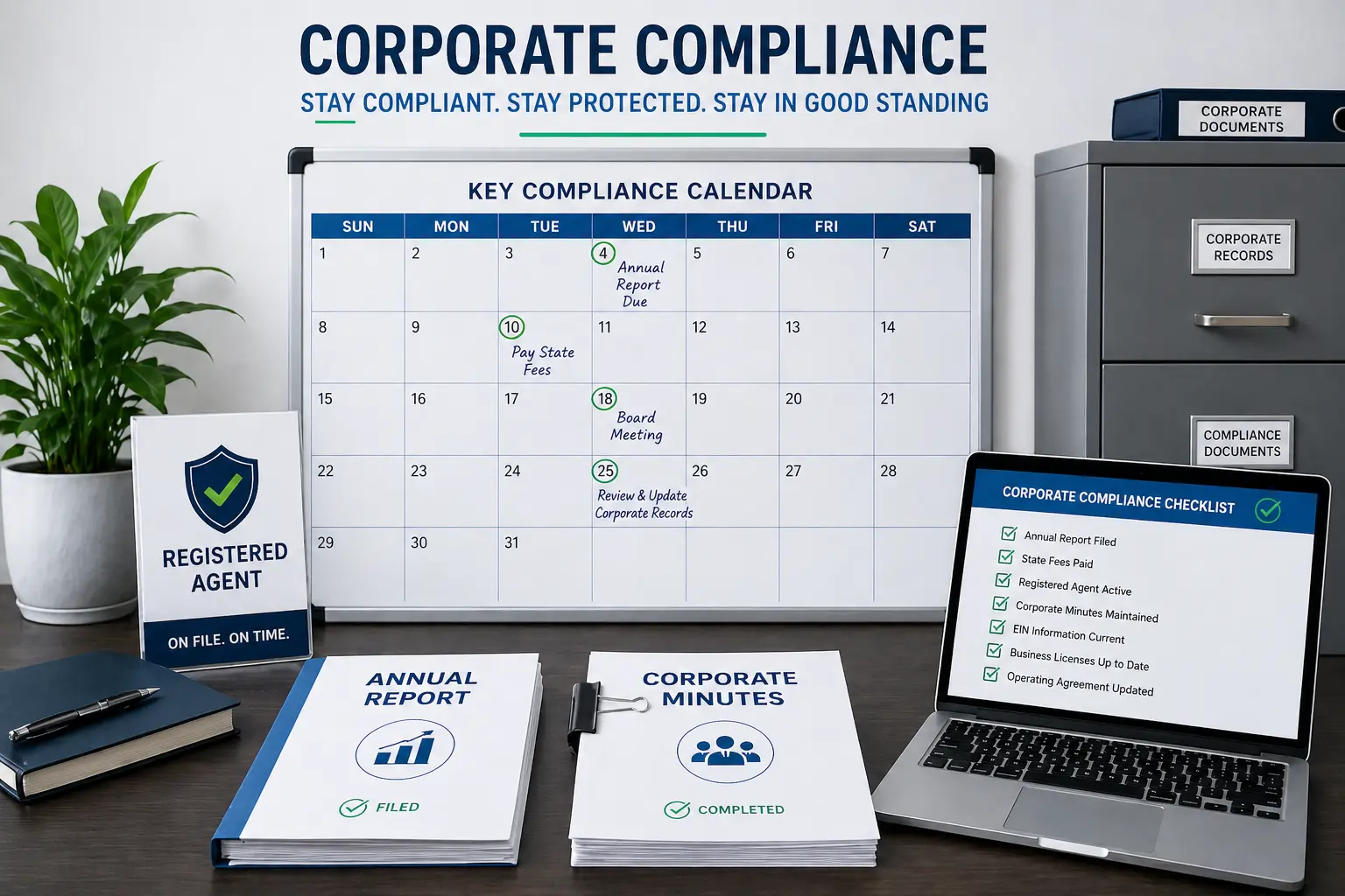 Post LLC to corporation conversion corporate compliance calendar and checklist showing annual report filing, state fees, registered agent, corporate minutes, and business license requirements to stay in good standing