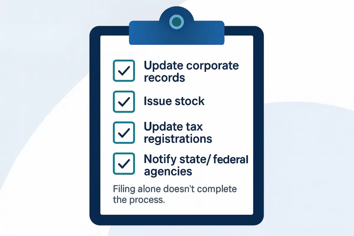 Checklist for converting LLC to Inc showing required steps update corporate records issue stock and notify agencies