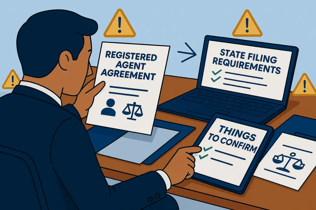 Professional examining registered agent agreement and state filing requirements with compliance warnings before switching registered agent providers.