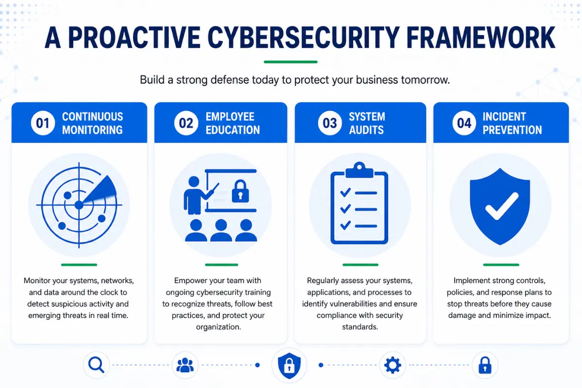 Proactive cybersecurity framework showing continuous monitoring, employee training, system audits, and threat prevention