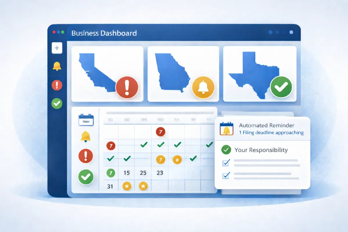Business compliance monitoring dashboard with multi-state annual report filing deadlines, automated reminders, and filing status alerts for LLCs and corporations