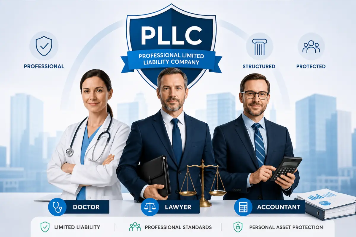 Doctor, lawyer, and accountant standing under PLLC Professional Limited Liability Company shield showing limited liability, professional standards, and personal asset protection