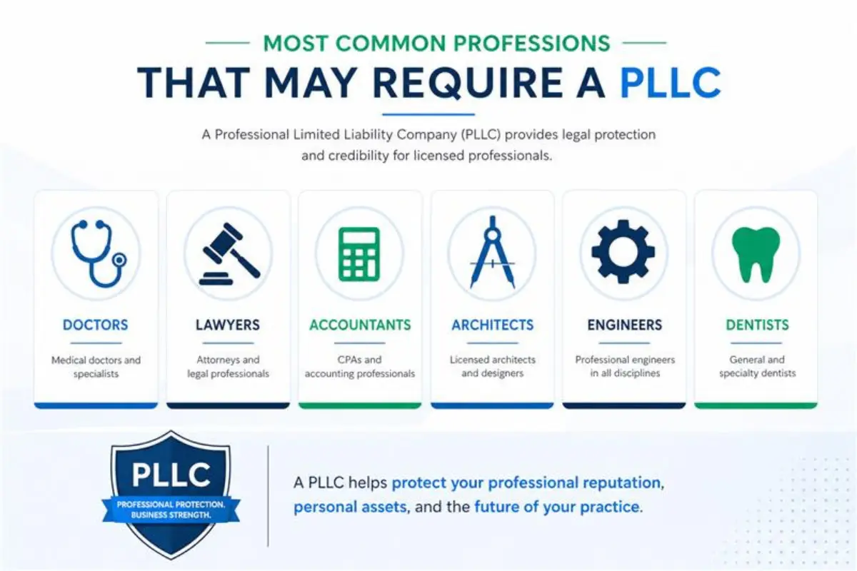 Infographic of most common professions that require a PLLC including doctors, lawyers, accountants, architects, engineers, and dentists with professional limited liability company protection benefits