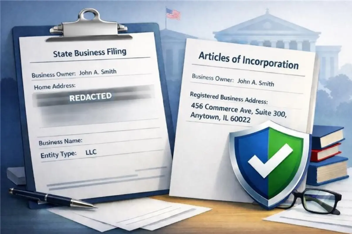 Side-by-side comparison of state business filing documents showing how a professional LLC formation service replaces a home address with a registered business address on articles of incorporation to protect personal privacy on public records