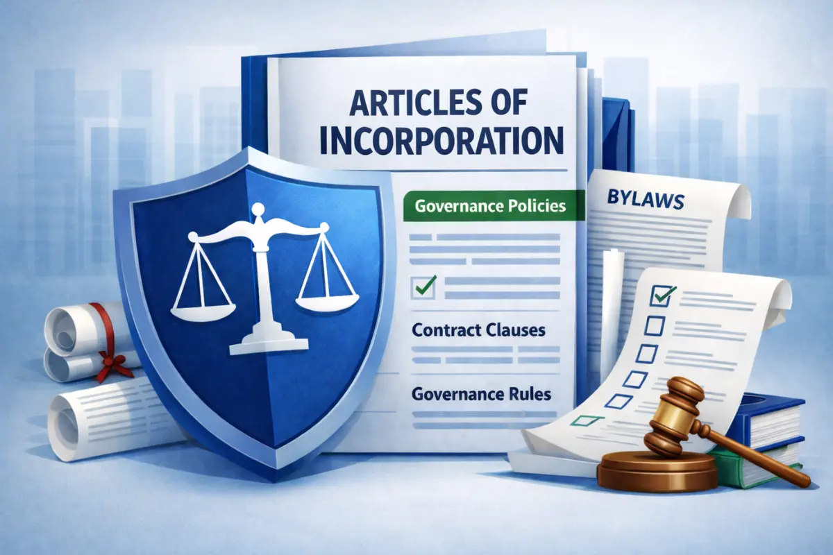 Articles of Incorporation protective provisions document showing governance policies, contract clauses, governance rules, and corporate bylaws that establish the legal framework and registered agent requirements for a corporation.