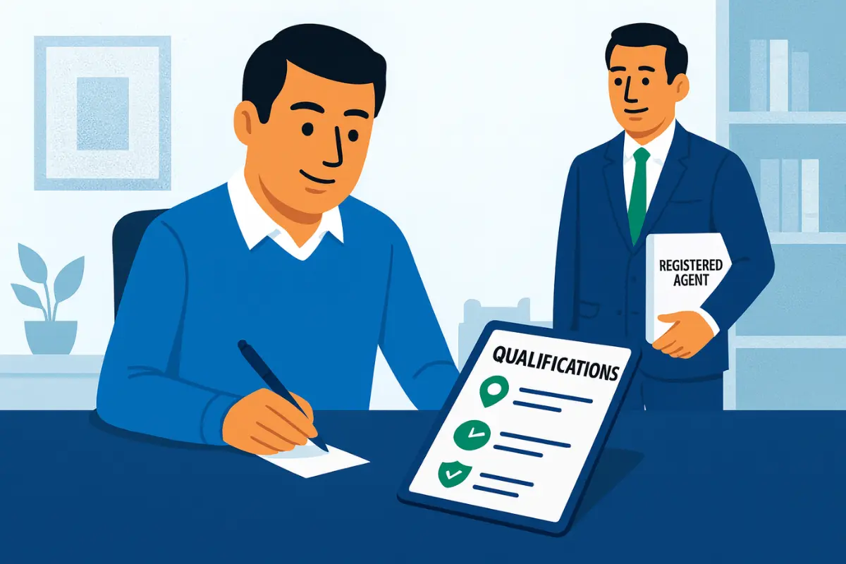 Business owner reviewing registered agent qualifications form with professional service representative.